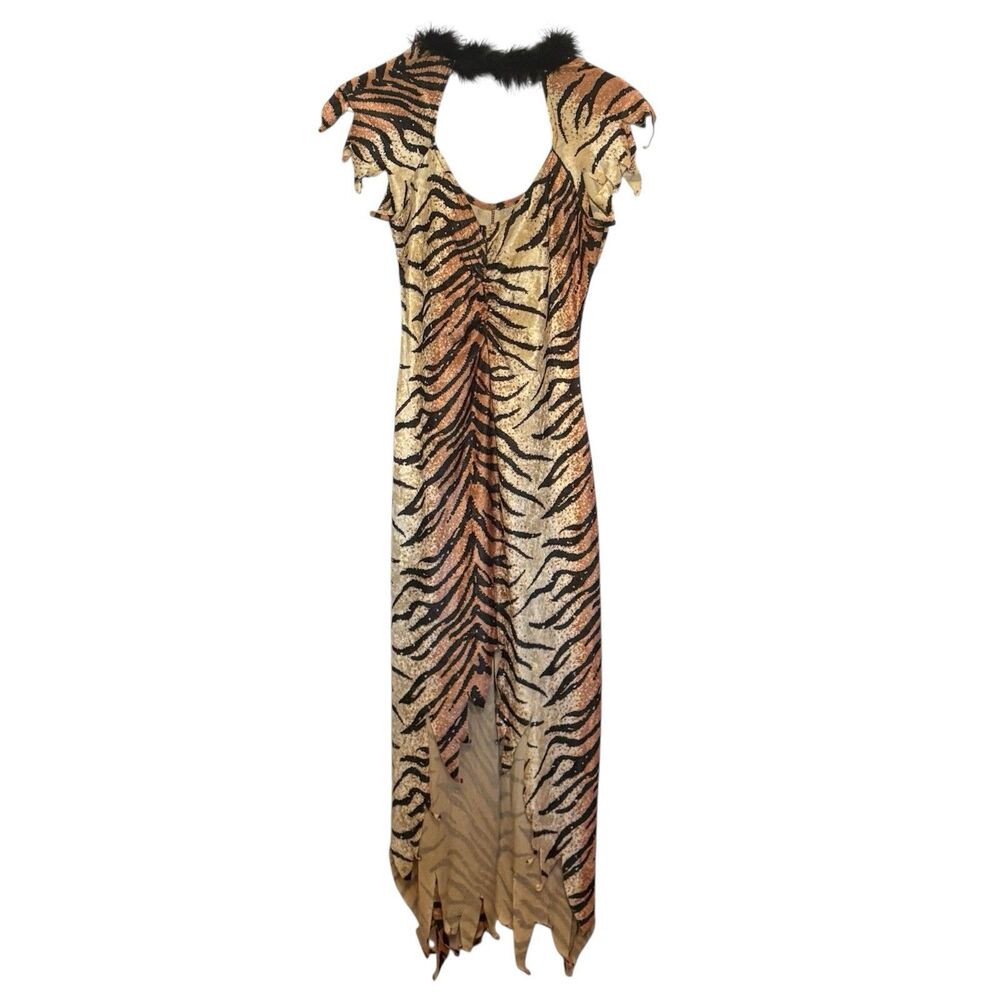 Women’s Tiger Print Dress Feather Trim Costume Cavewoman Size Small